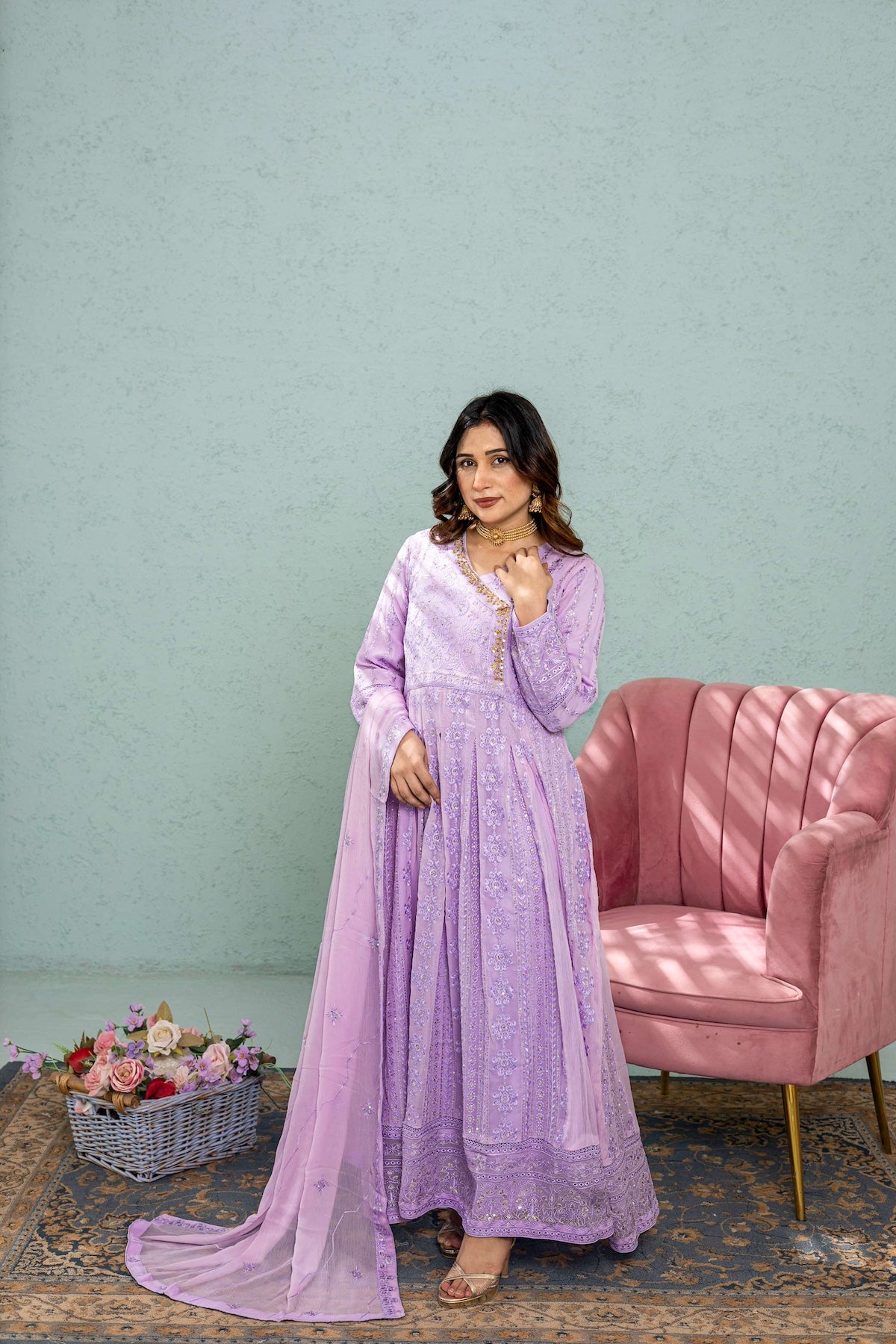 Full-length Lilac Anarkali frock with embroidery
