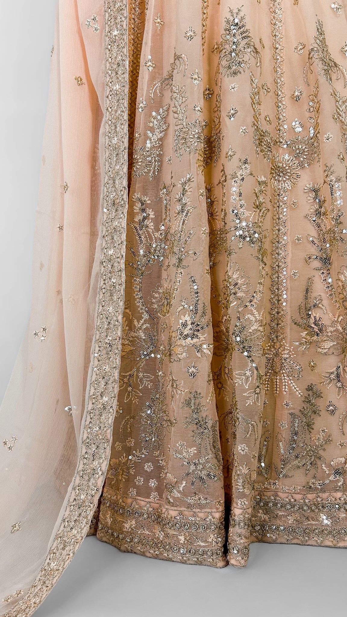 Peach Indian Party Wear Anarkali Long Dress Embroidered Border and Dupatta