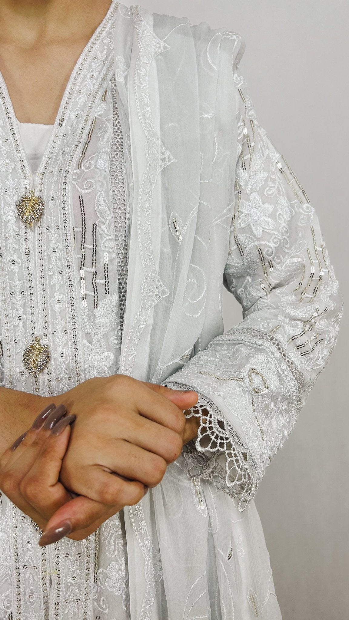 White Pakistani Anarkali Maxi Gown Embroidered Chiffon Long Frock Dress Detailed Embroidery Look