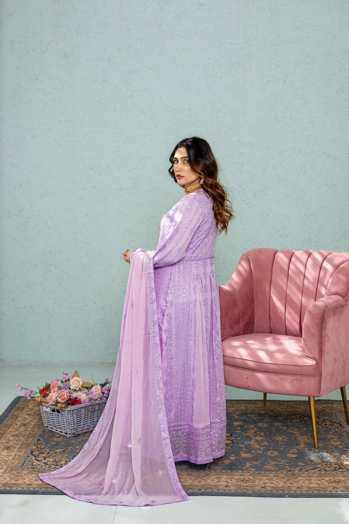 Model wearing Lilac long frock side profile