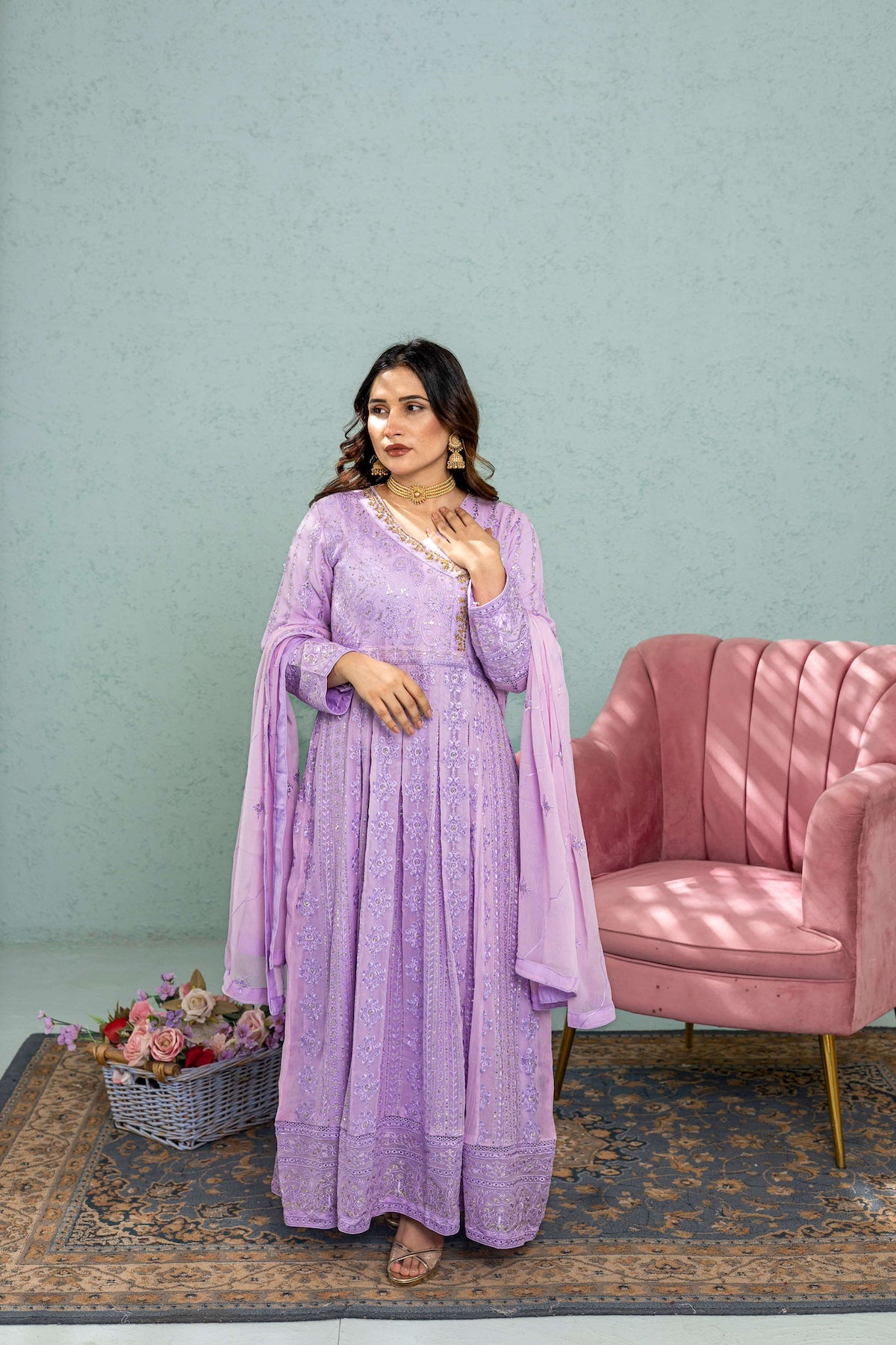 Model wearing Lilac long frock
