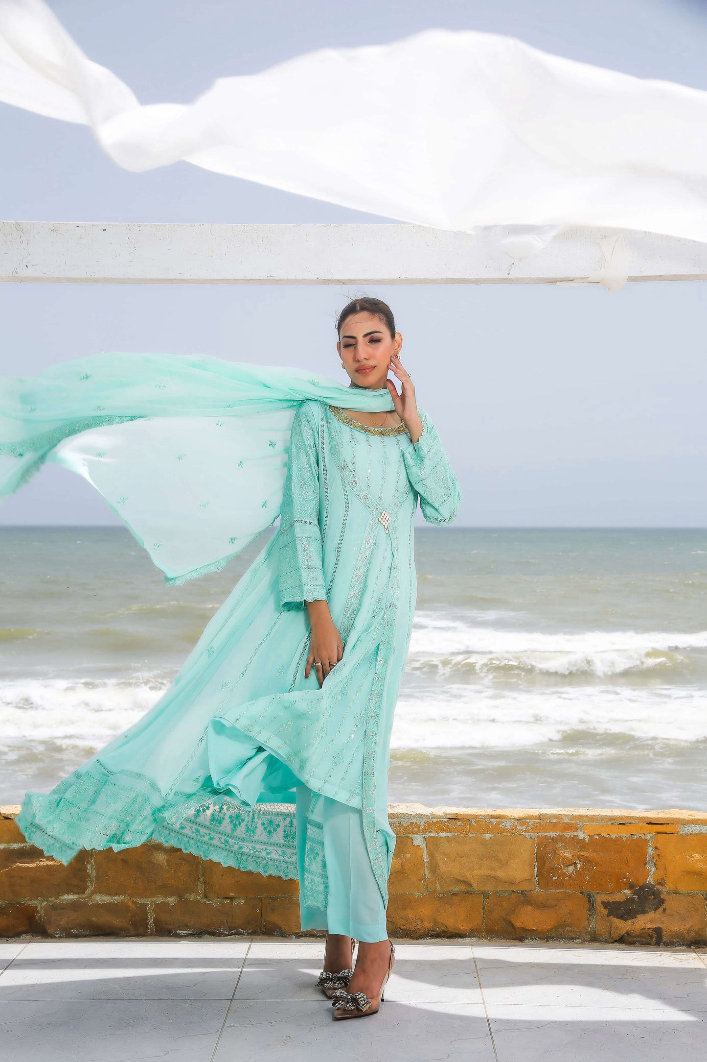 Complete 4-piece light blue dress with dupatta