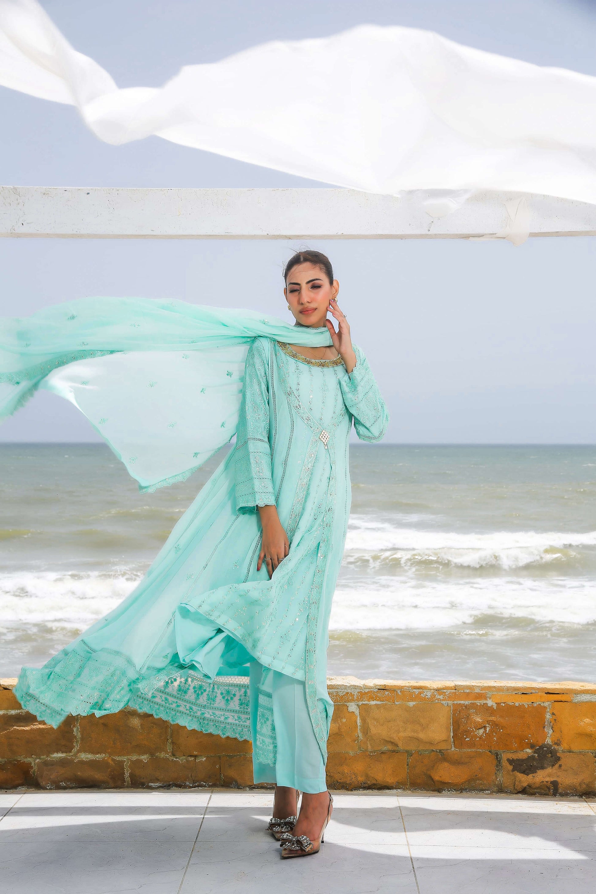 Complete 4-piece light blue dress with dupatta