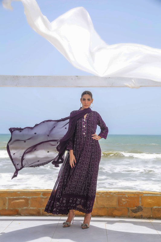 Dark purple embroidered maxi dress front view