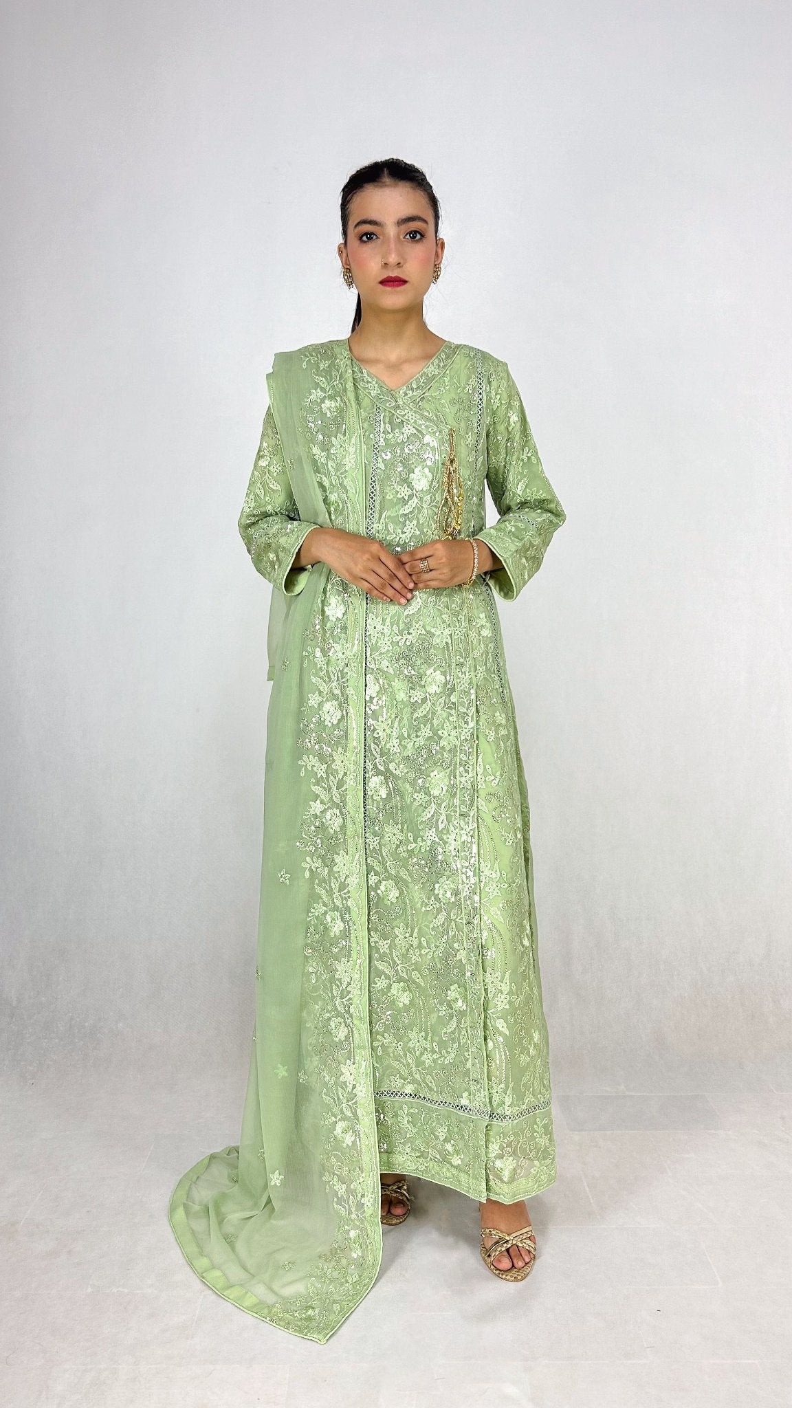 Light Olive Embroidered Anarkali Dress Chiffon Long Frock Maxi Complete Look