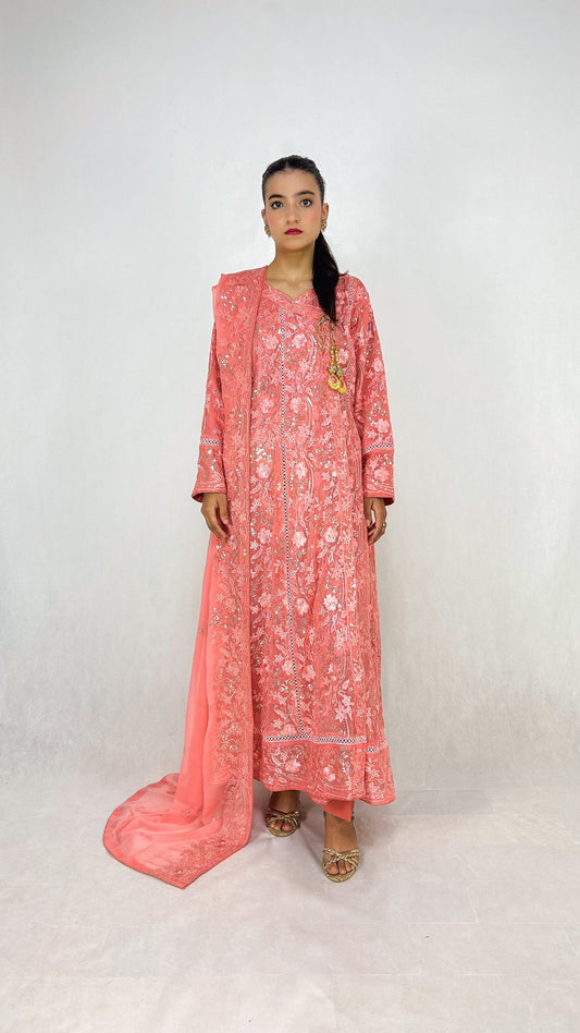 Pink Embroidered Angrakha Dress Chiffon Long Frock Maxi Complete Look