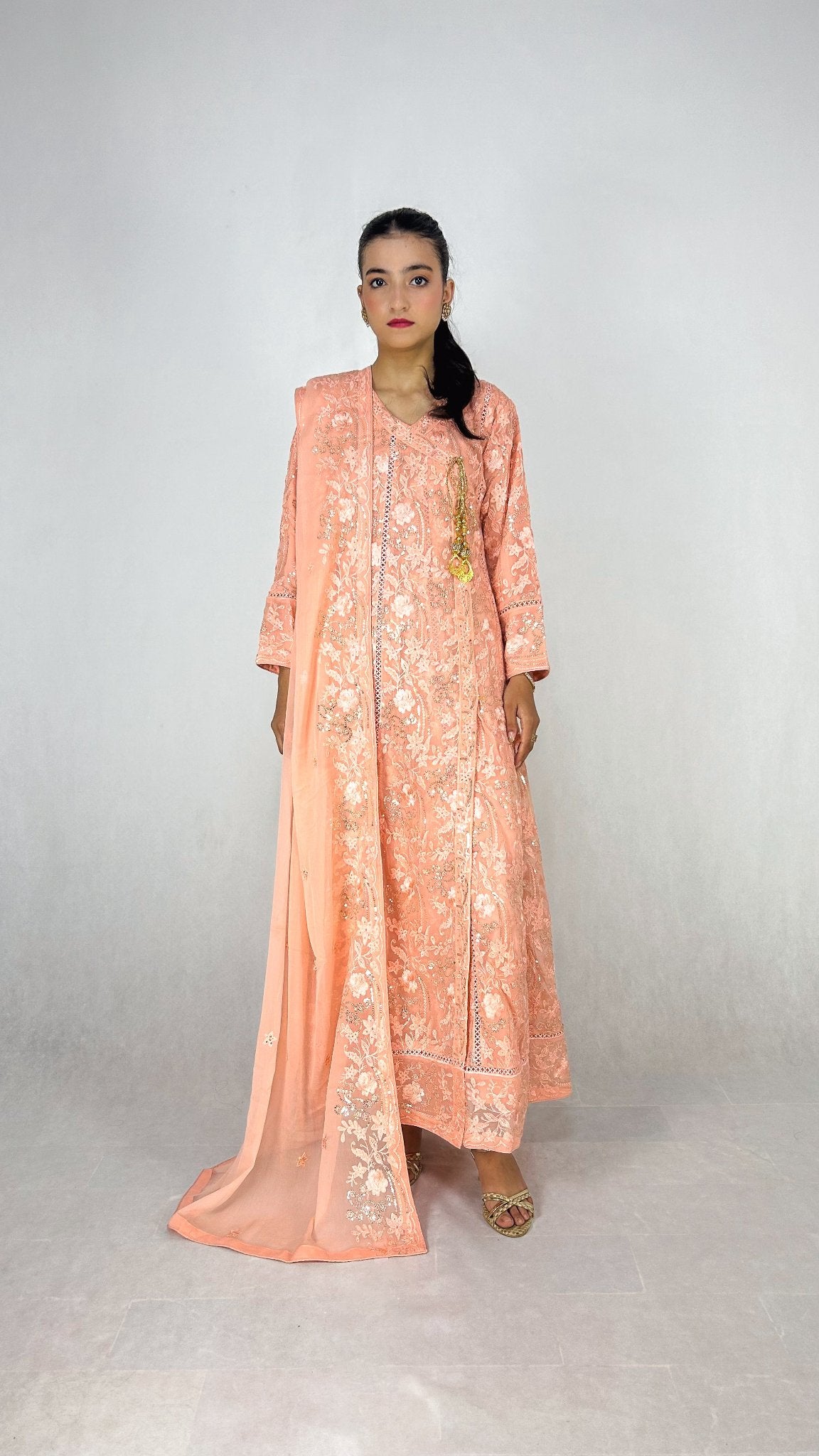 Melon Chiffon Anarkali Gown Maxi Dress Embroidered Long Frock Complete Look