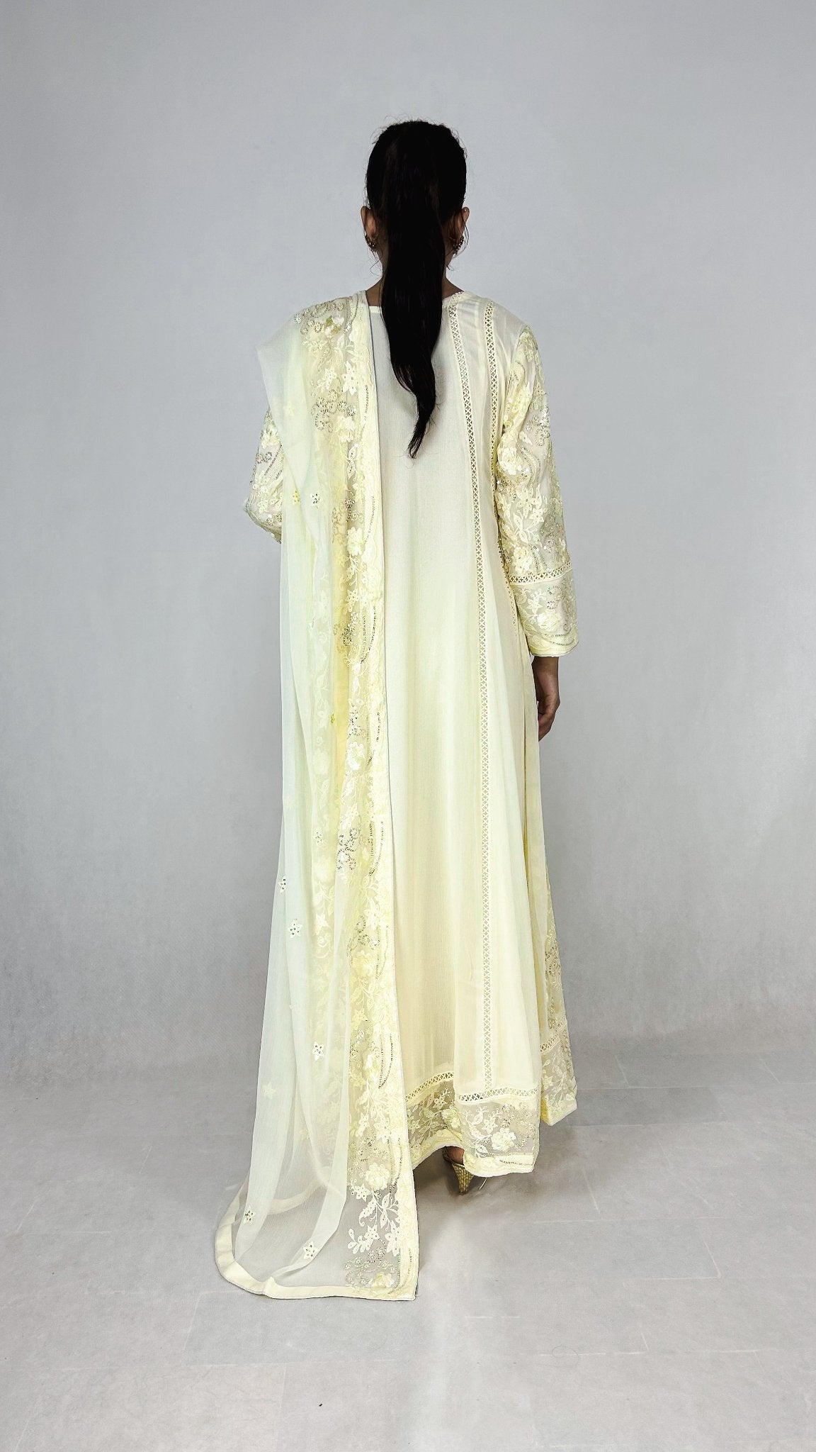 Ivory Embroidered Chiffon Indian Anarkali Dress - Long Frock Maxi Back Look