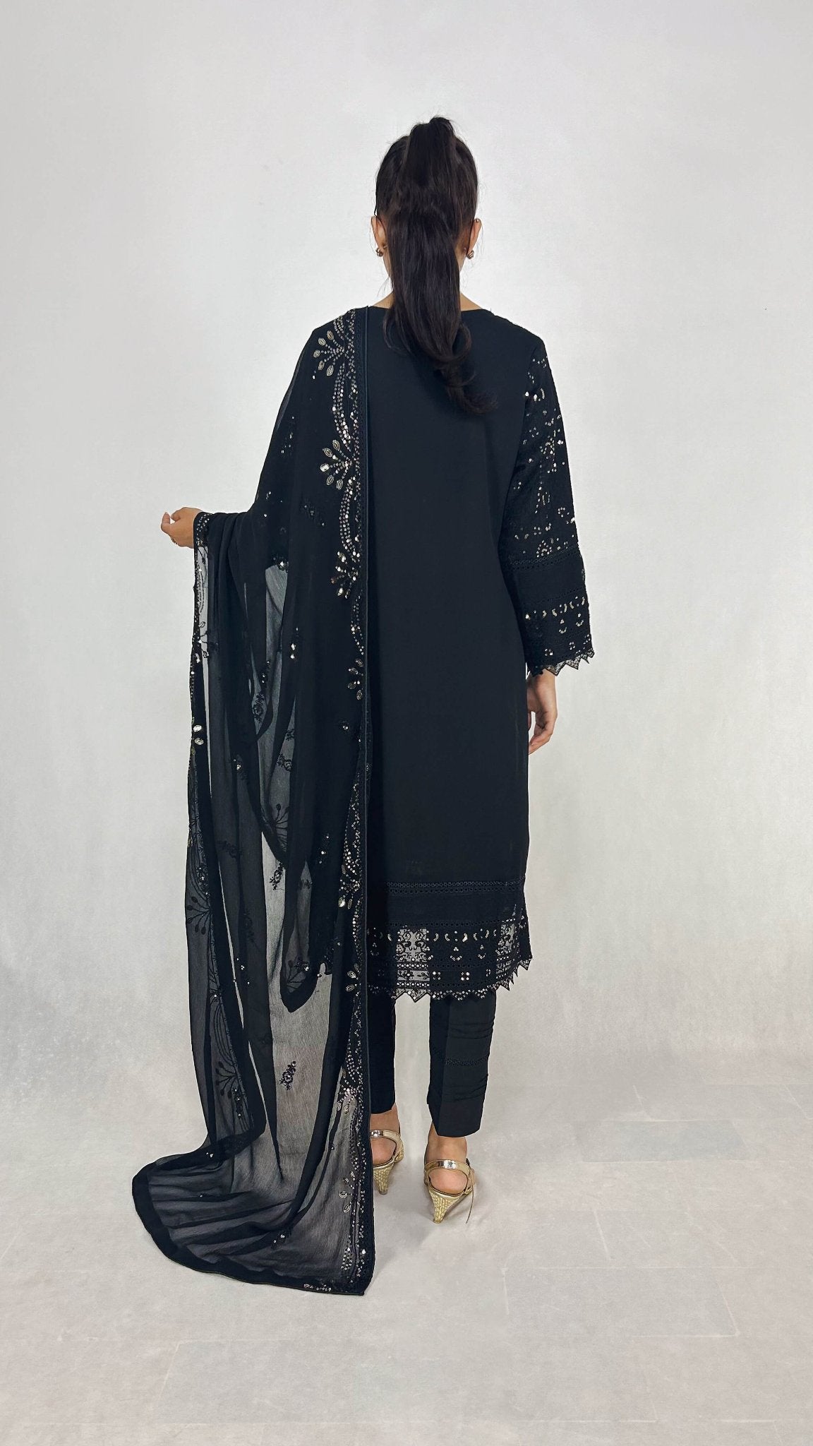 Black Embroidered Chiffon Shalwar Kameez Formal Wear Back Look