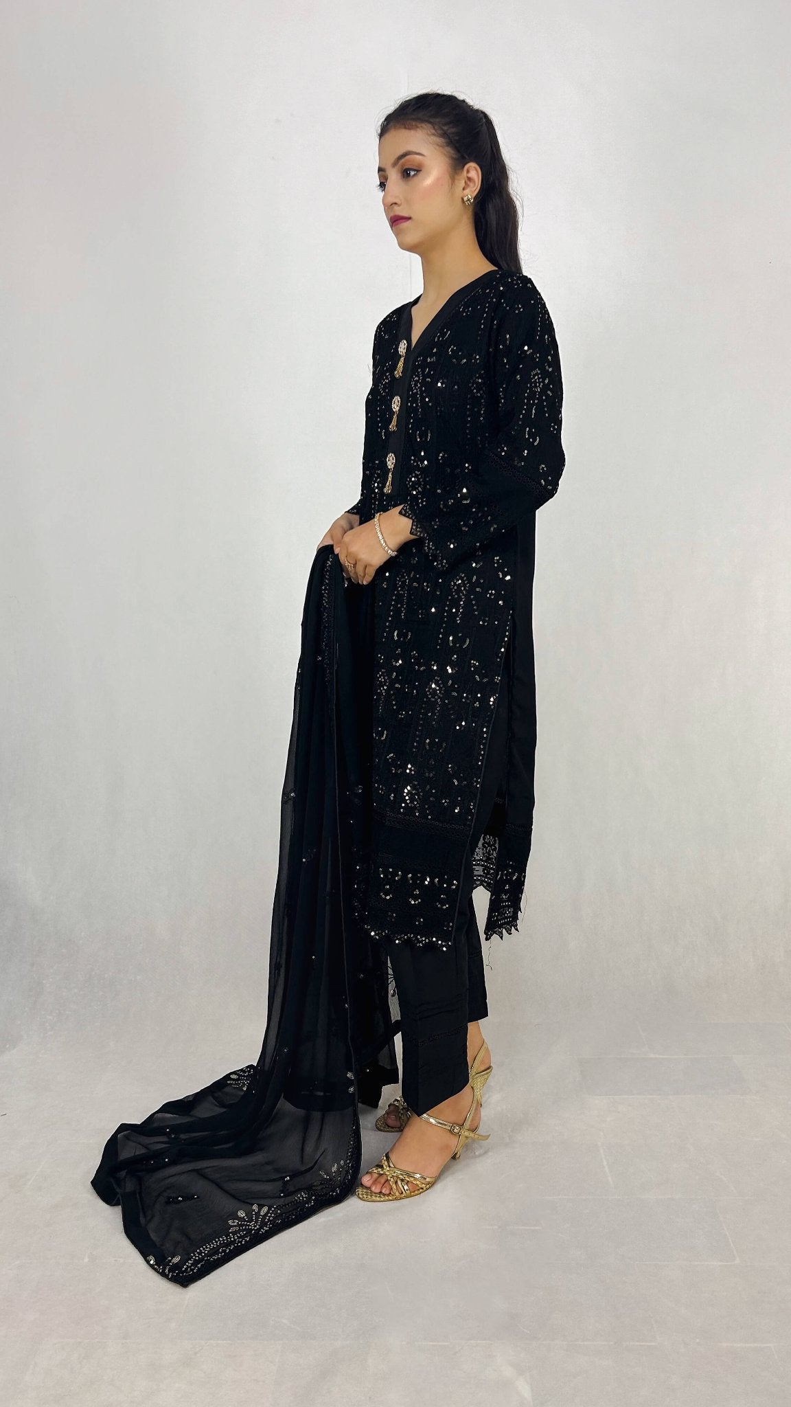 Black Embroidered Chiffon Shalwar Kameez Formal Wear Side Look