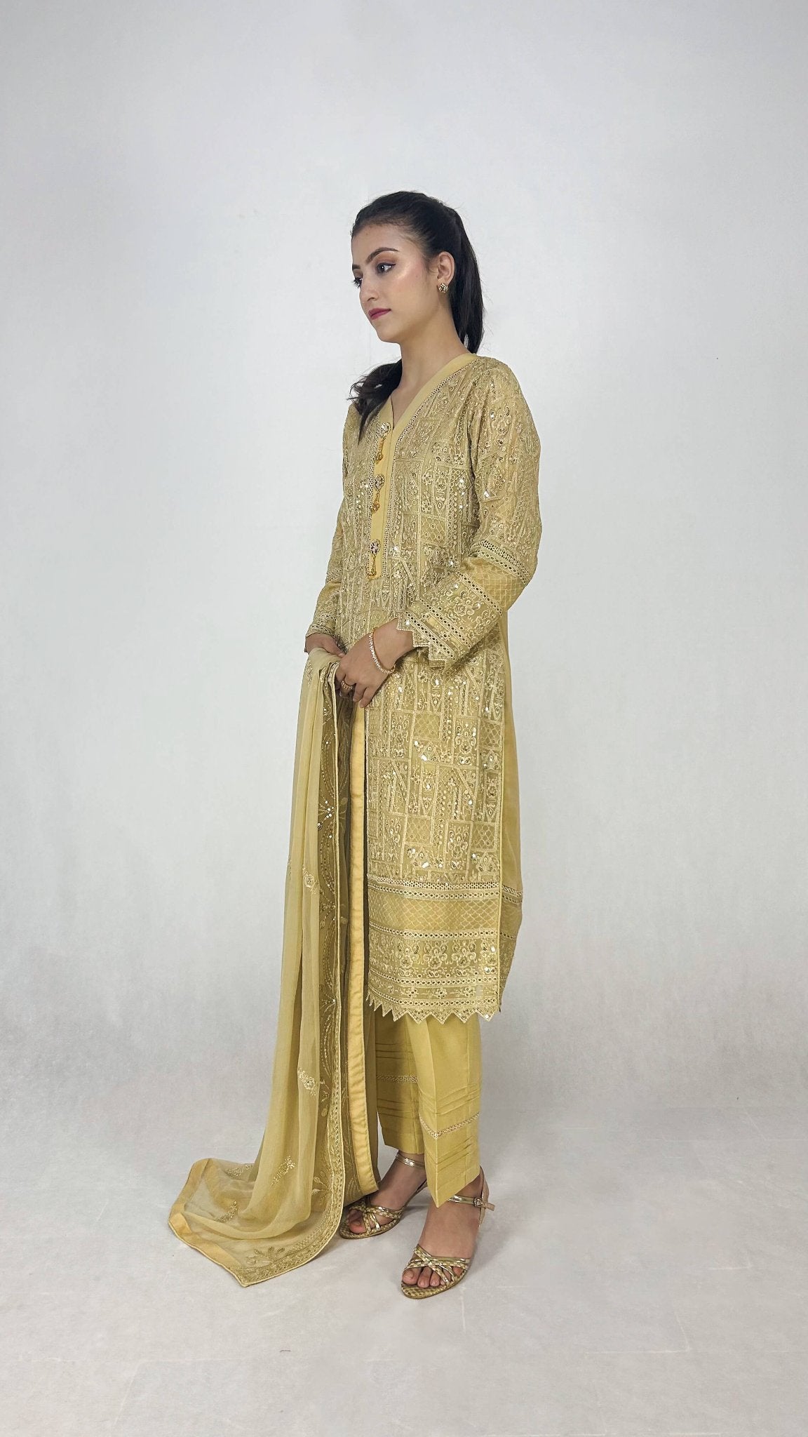 Beige Chiffon Shalwar Kameez Embroidered Elegant Design Side Look