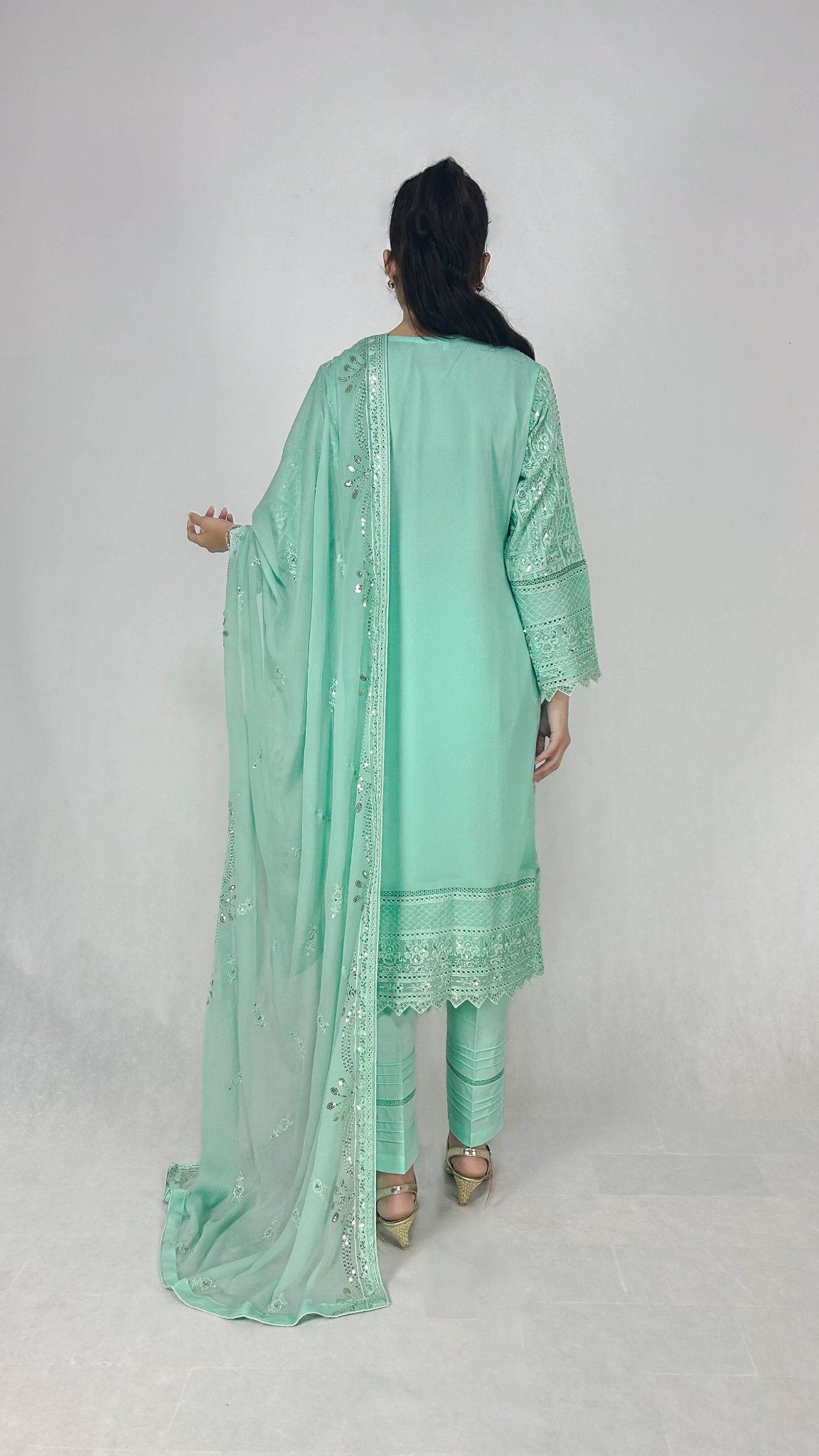 Mint Cream Chiffon Shalwar Kameez Embroidered Traditional Outfit Back Look