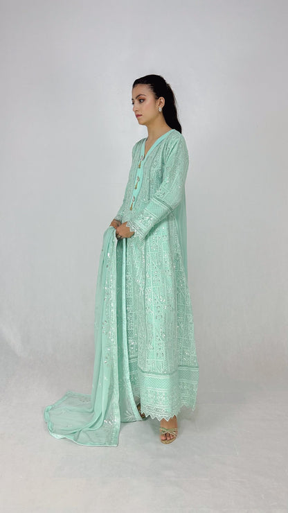 Mint Cream Chikankari Embroidered Chiffon Long Frock Maxi Anarkali Dress Side Look