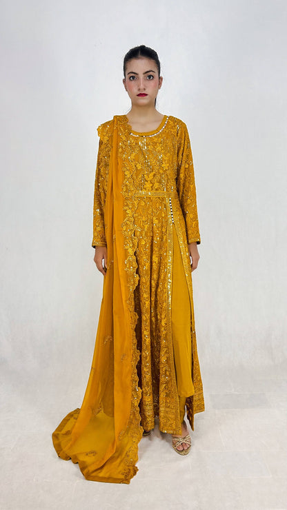 Mustard Yellow Pakistani Anarkali Gown Embroidered Chiffon Long Dress for Women Complete Look