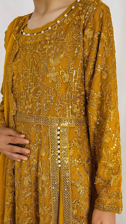 Mustard Yellow Pakistani Anarkali Gown Embroidered Chiffon Long Dress for Women Detailed Embroidery Look