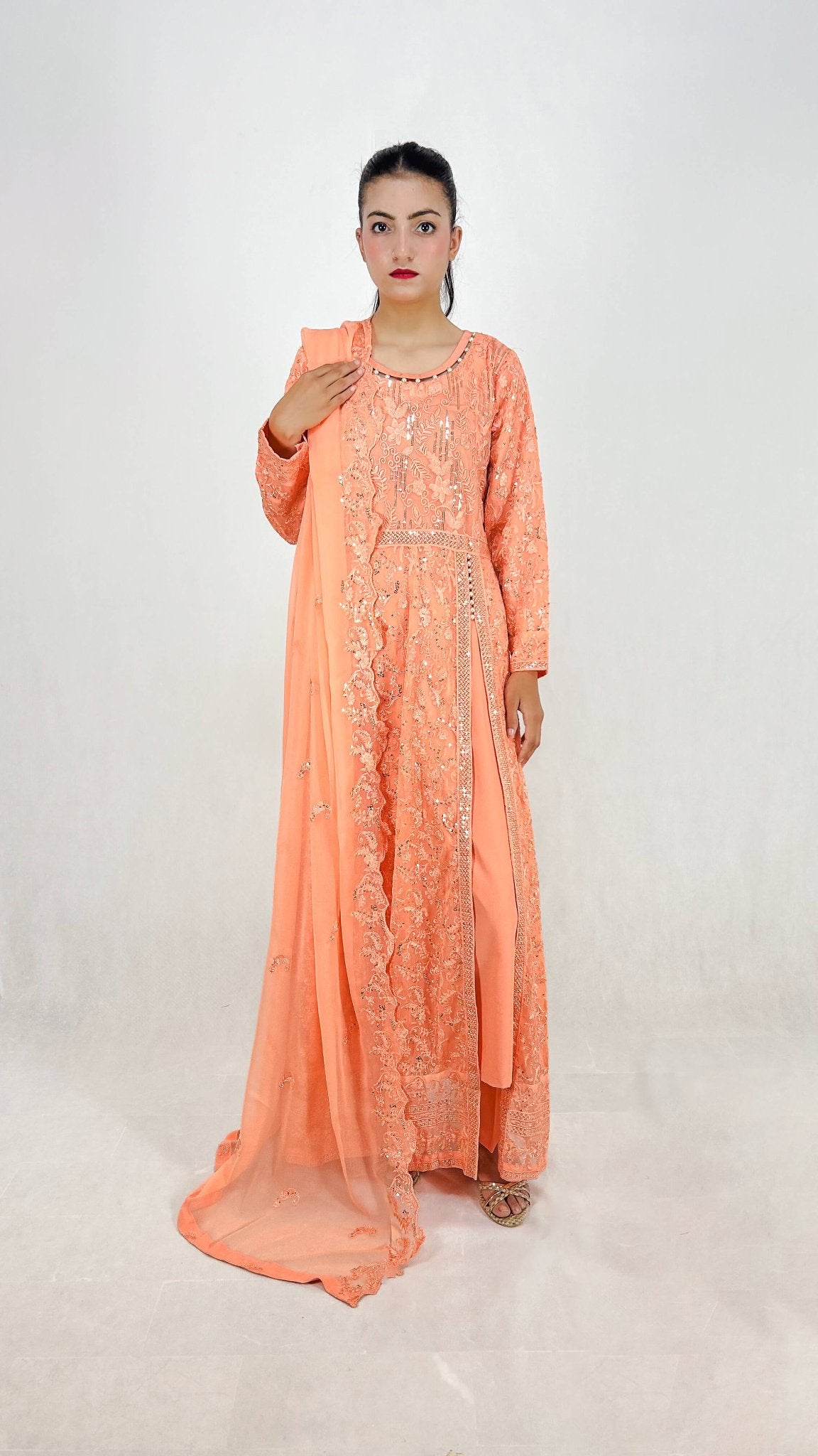 Melon Pakistani Embroidered Chiffon Anarkali Frock Long Gown Maxi Complete Look