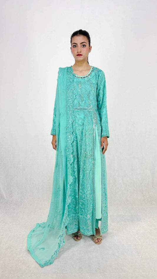 Light Blue Pakistani Embroidered Chiffon Maxi Long Frock Suit for Women Complete Look