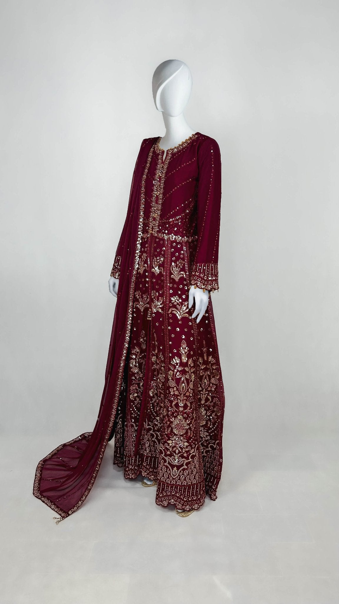 Maroon Pakistani Formal Wear Chiffon Anarkali Long Frock Dress Side Look