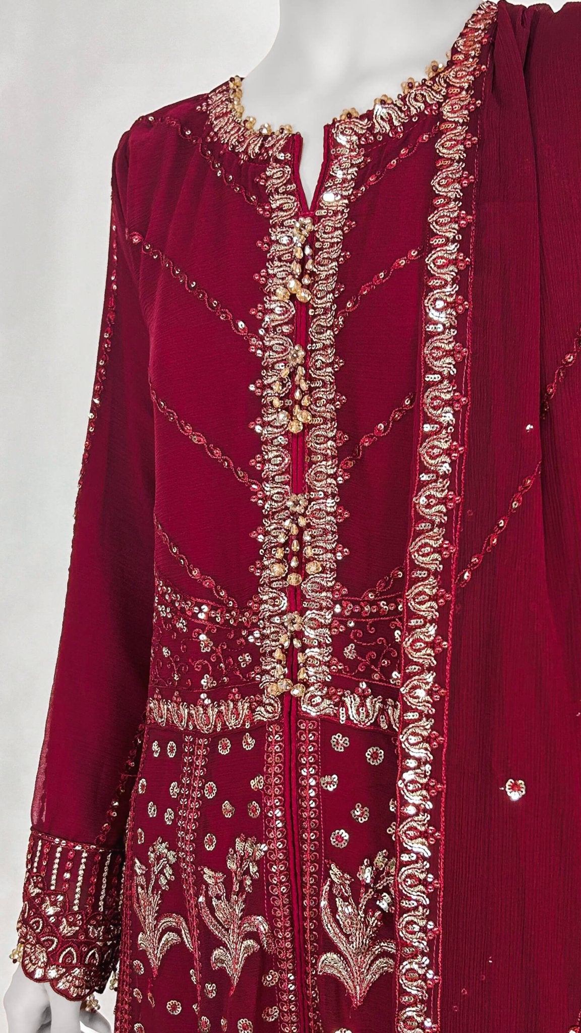 Maroon Pakistani Formal Wear Chiffon Anarkali Long Frock Dress Detailed Neckline Embroidery Look