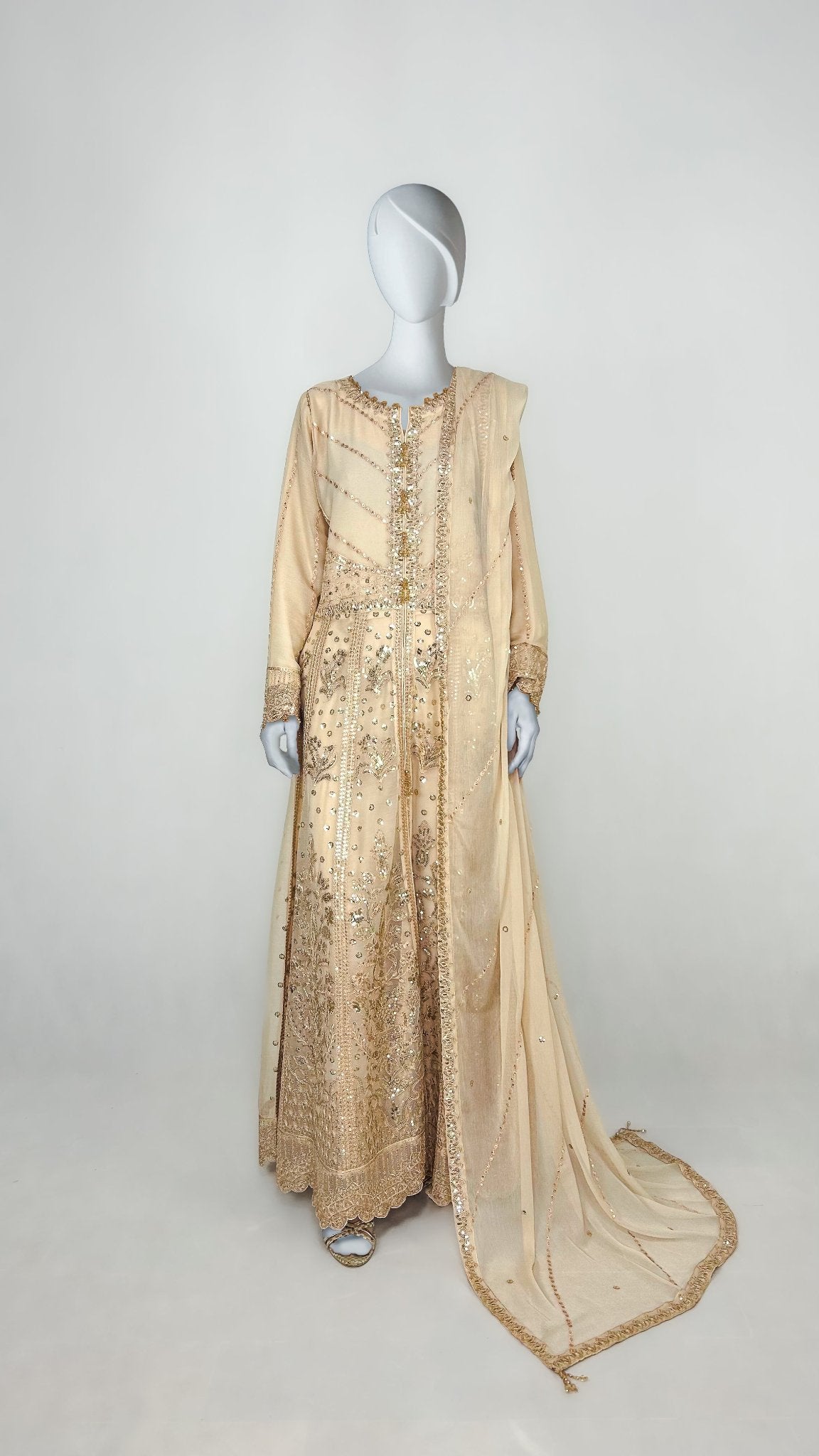 Fawn Pakistani Party Wear Long Frock Anarkali Gown Maxi Dress Complete Look