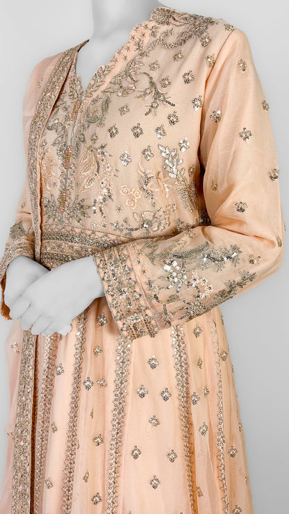 Peach Indian Party Wear Anarkali Long Dress Detailed Embroidery