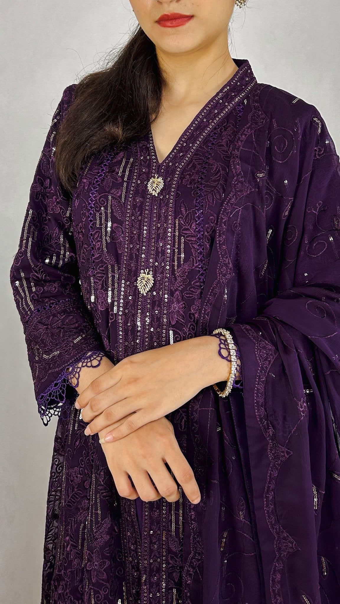 Dark Purple Pakistani Chiffon Anarkali Frock Embroidered Long Gown for Women Detailed Embroidery Look