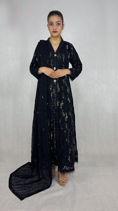  Black Embroidered Chiffon Anarkali Gown Long Frock Complete look