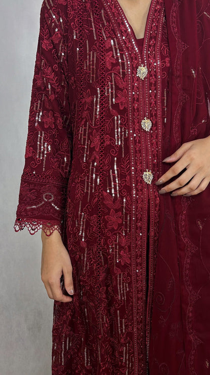 Maroon Anarkali Maxi Gown Embroidered Chiffon Long Suit Detailed Embroidery Look