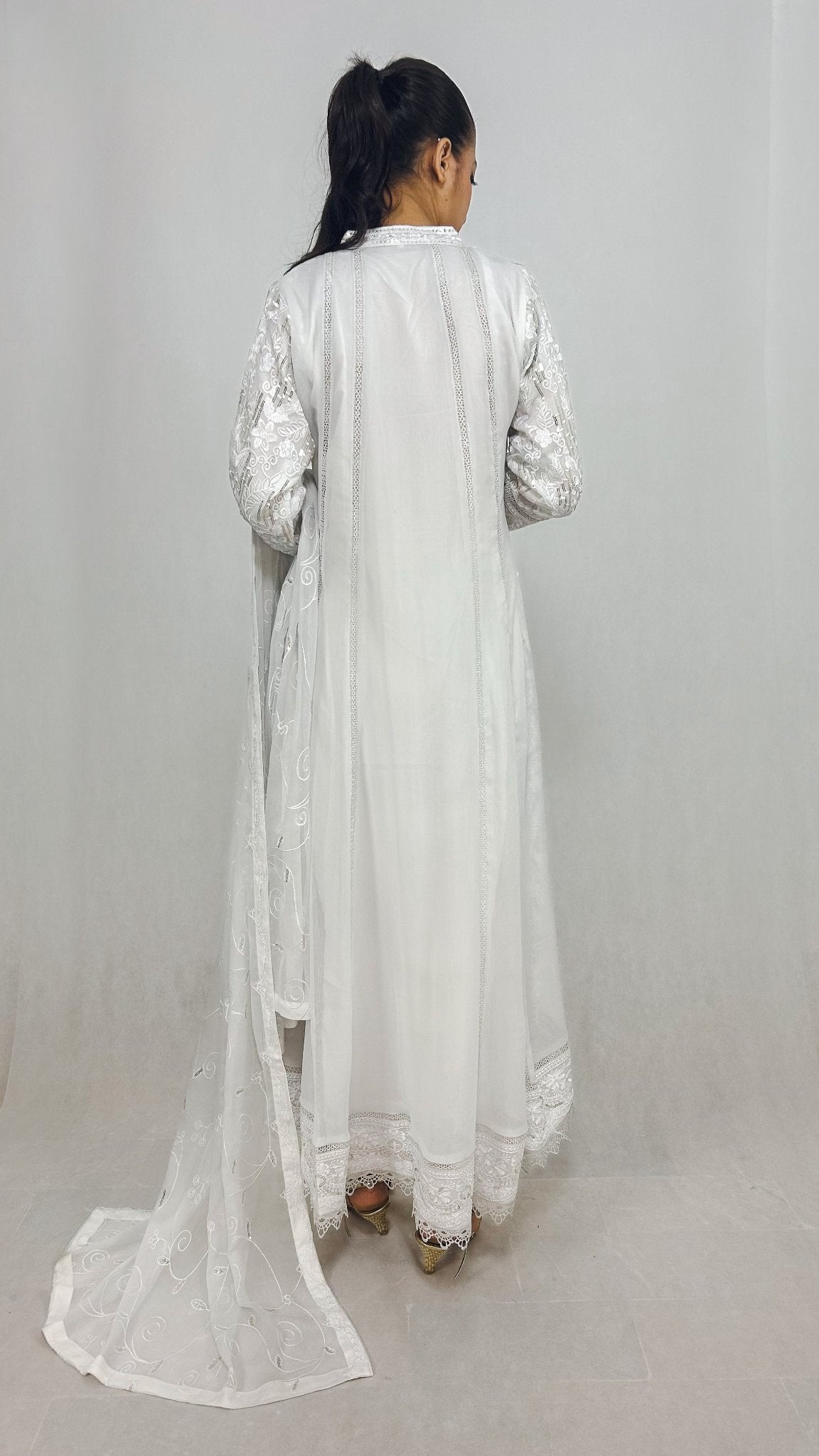 White Pakistani Anarkali Maxi Gown Embroidered Chiffon Long Frock Dress Back Look