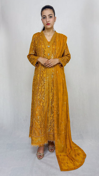 Mustard Yellow Pakistani Embroidered Chiffon Long Frock Dress Anarkali Suit for Women Complete Look