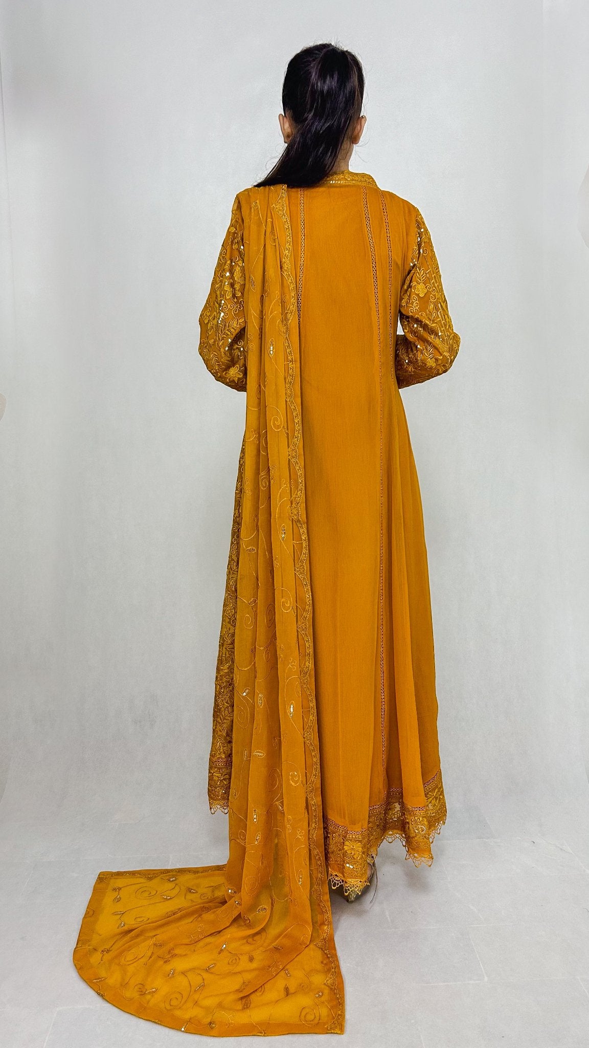 Mustard Yellow Pakistani Embroidered Chiffon Long Frock Dress Anarkali Suit for Women Back Look