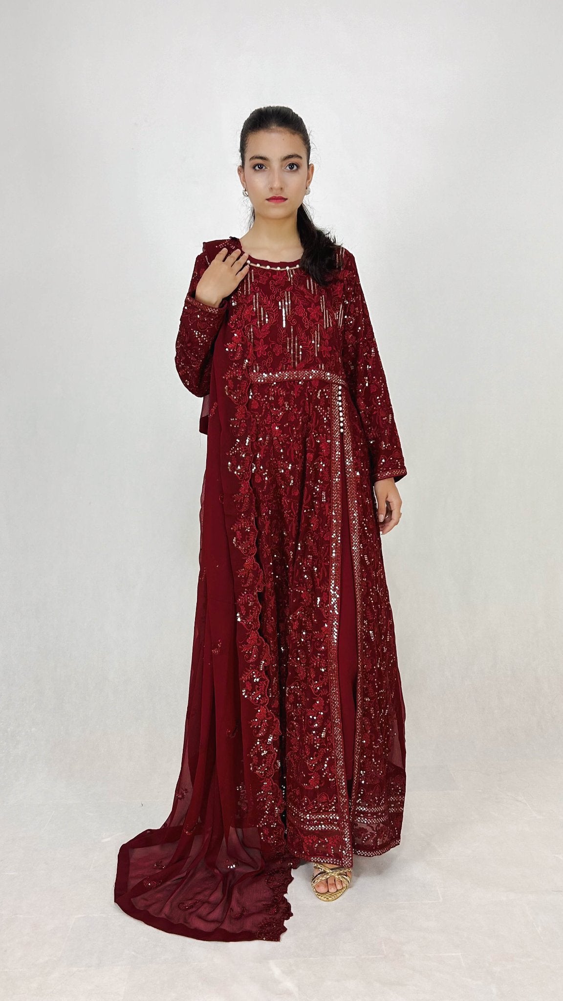 Maroon Indian Anarkali Maxi Embroidered Chiffon Frock Dress for Women Complete Look