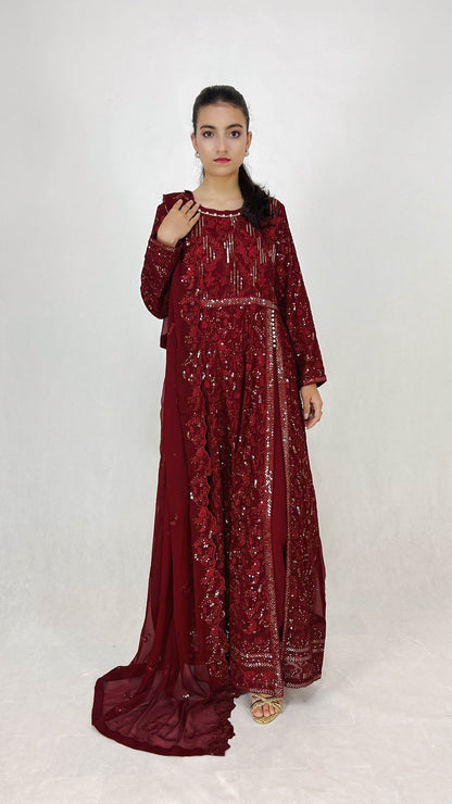 Maroon Indian Anarkali Maxi Embroidered Chiffon Frock Dress for Women Complete Look