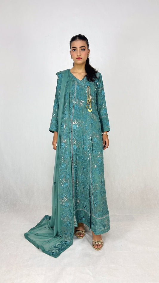 Teal Chiffon Angrakha Maxi Dress Embroidered Long Frock Complete Look