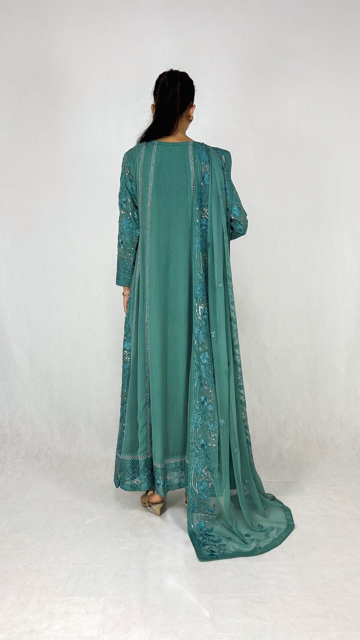 Teal Chiffon Anarkali Gown Maxi Dress Embroidered Long Frock B Lookck