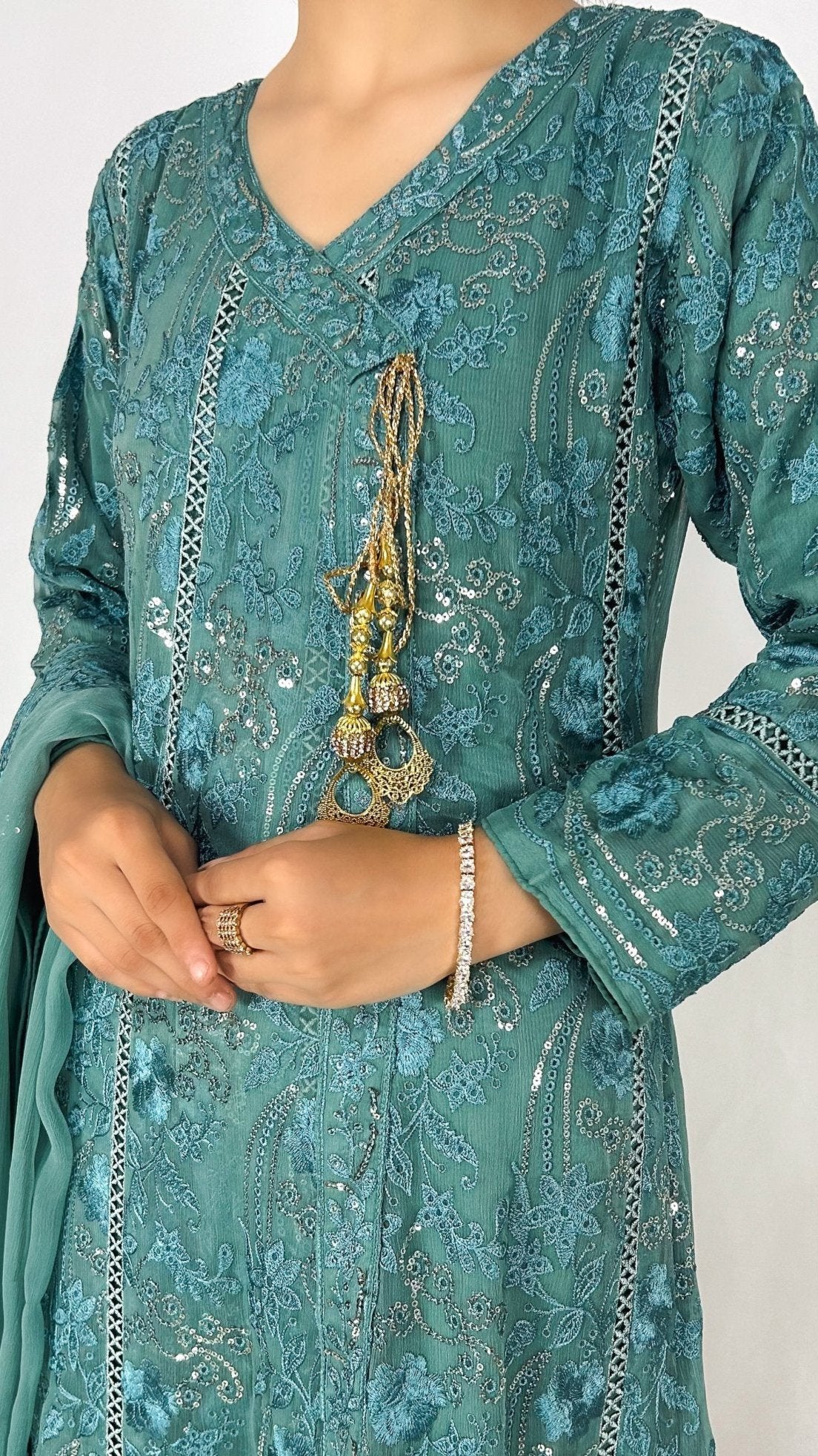 Teal Chiffon Anarkali Gown Maxi Dress Embroidered Long Frock Detailed Embroidery Look