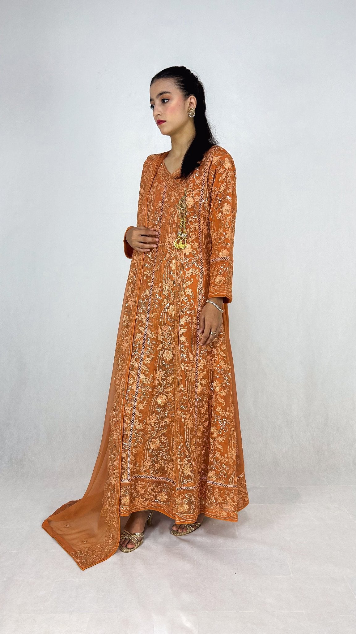 Peach Embroidered Chiffon Anarkali Gown Dress Long Frock Maxi Side Look