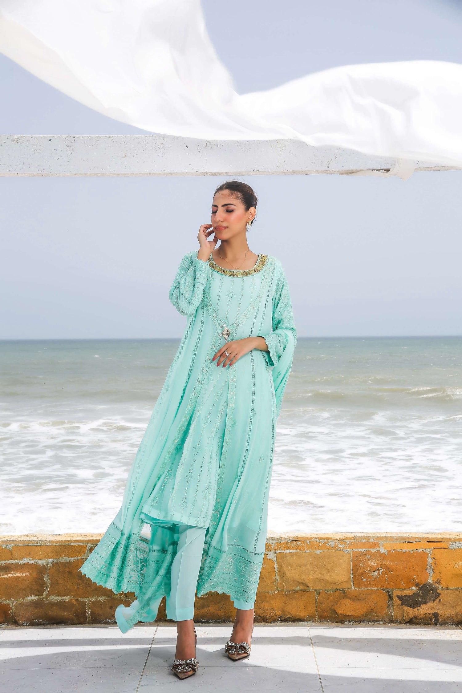 Light blue embroidered gown front view