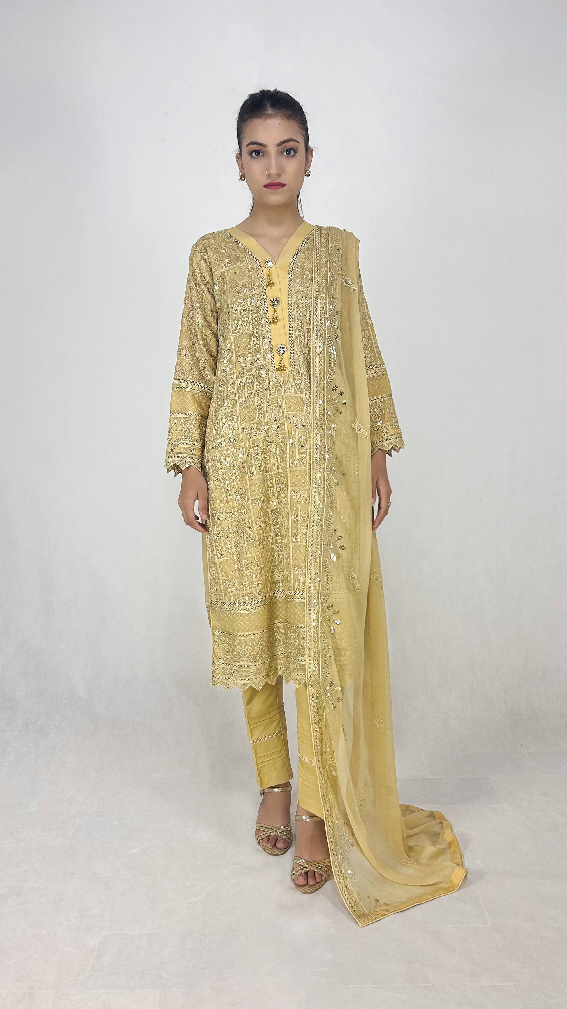 Beige Chiffon Shalwar Kameez Embroidered Elegant Design Complete Look Video