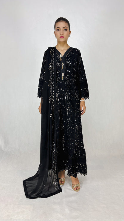 Black Chikankari Embroidered Chiffon Long Dress Anarkali Maxi Complete Look Video