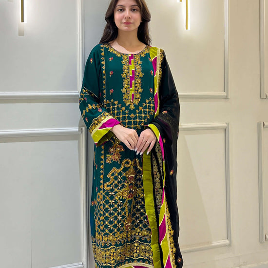 Hand-Embroidered Dark Sea Green Chiffon Suit Complete Look Video